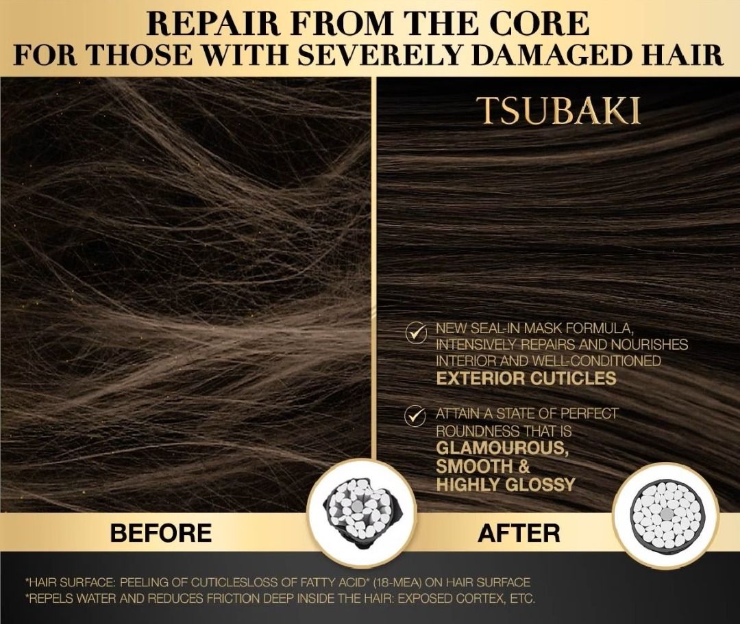 Shiseido Tsubaki Premium Repair Mask before and after results showing repair for severely damaged hair