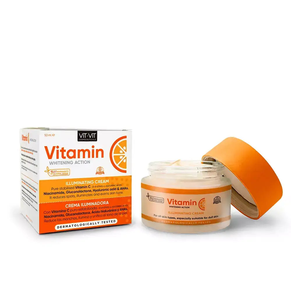 Zuzu Aura Vitamin A and C Face Cream in a jar with a bright orange lid and box packaging